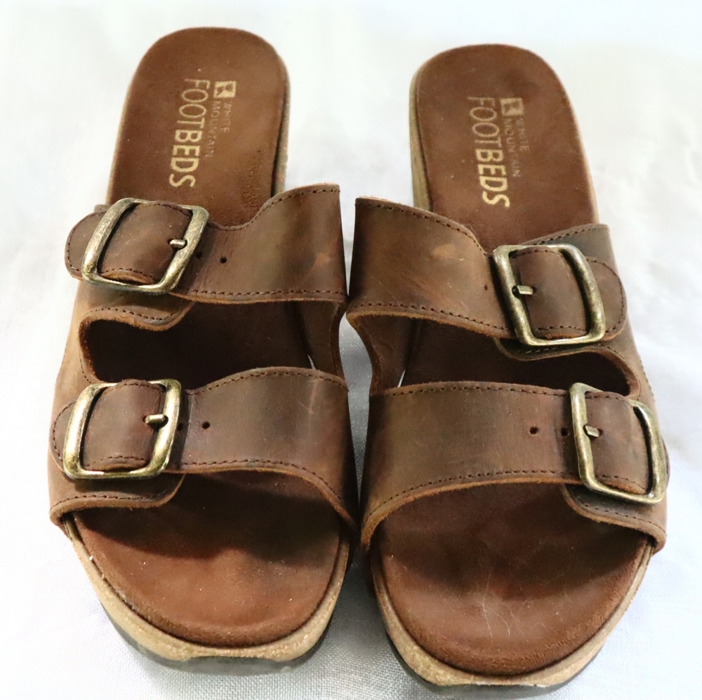 White Mountain Women's Brown Leather Wedge Sandals, Sz 8